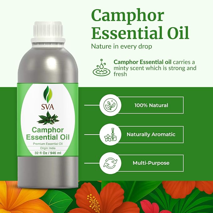 SVA Camphor Essential Oil – 32 Fl Oz – 100% Natural Camphor Oil - for Diffuser, Hair Care, Face, Skin Care, Aromatherapy, Scalp and Body Massage, Soap and Candle Making
