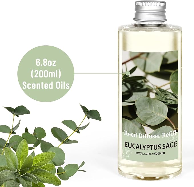 STRN Reed Diffuser Oil Refill, Eucalyptus Sage Scented Reed Diffuser Set, 6.8 fl.oz（200ml）, Reed Diffuser Refill for Summer Home Fragrance, Bedroom, Bathroom Office Home Decor