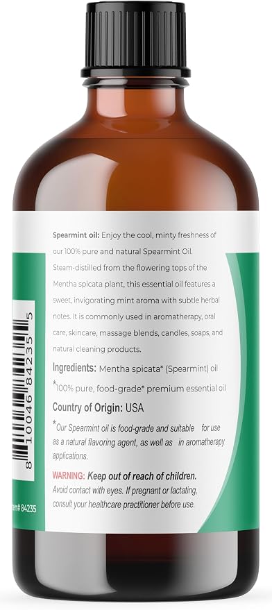 Viva Doria Spearmint Essential Oil, 100% Pure, Natural Spearmint Essential Oil, Spicata Type, Undiluted, for Aromatherapy | Food Grade, 118 mL (4 Fluid Ounce)