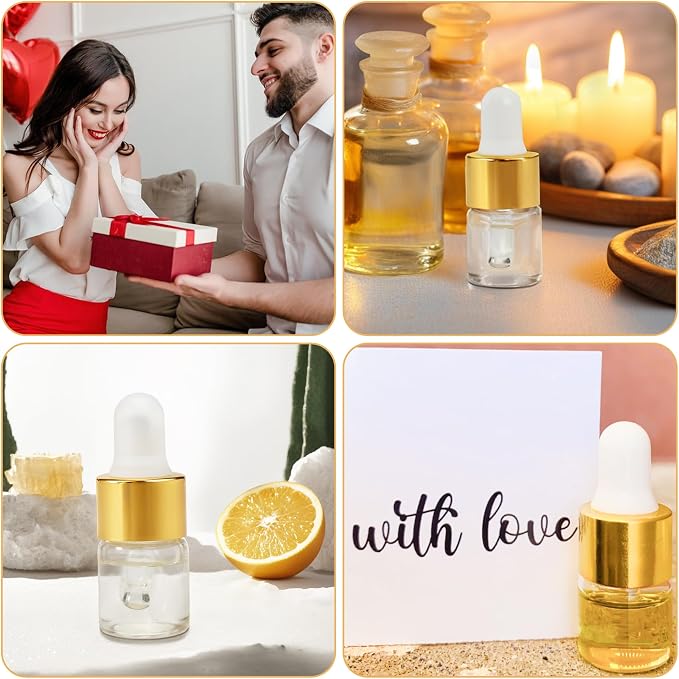 100pcs Mini Glass Dropper Bottle for Essential Oil,2ml Small Clear Sample Dropper Vails with Gold Cap,Perfume Cosmetic Liquid Containers for Traveling