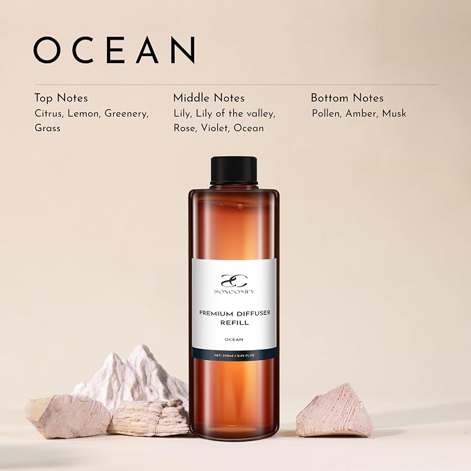 Diffuser Oil Refill, 250ml / 8.45 fl oz, Ocean - Reed & Aromatherapy Diffuser Oil, Long-Lasting Home Fragrance, Citrus, Lily & Musk Notes