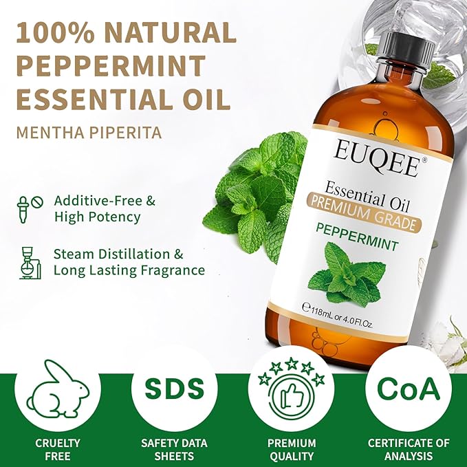 EUQEE Peppermint Essential Oil 118 ml Peppermint Oil with Glass Dropper, Great for Aromatherapy, Diffuser, Soap Candle Making - 4Fl. Oz