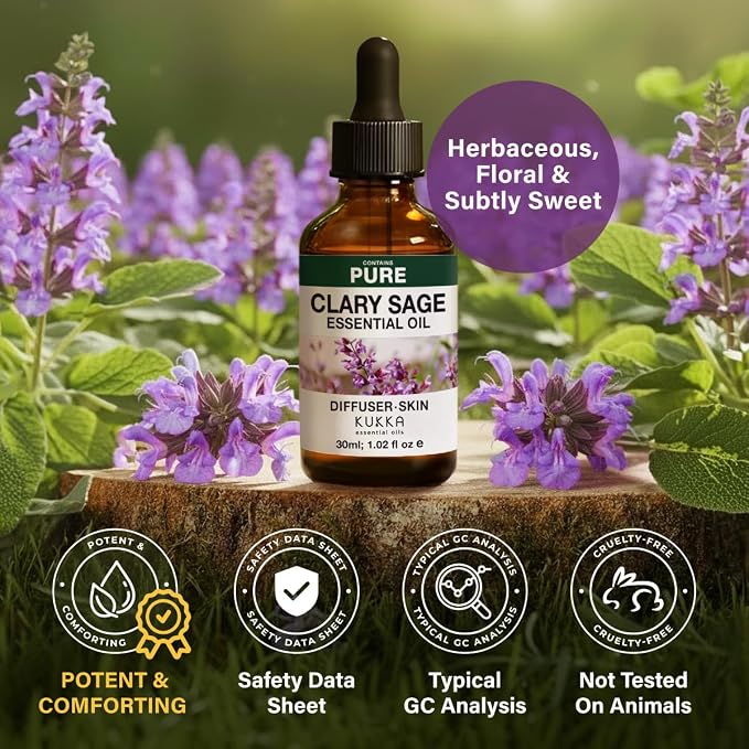 100% Pure Clary Sage Oil - 1.02 Fl Oz Clary Sage Essential Oil for Hair, Skin, Diffuser, Aromatherapy & DIY Soap Making Scent