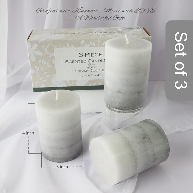 CRYSTAL CLUB Scented Pillar Candles, Aromatherapy Creamy Coconut Scented Candles, Clean Burning and Dripless Heritage Fragrance Candle, Tall 3x4 Inch Candles for Summer Home Party Décor