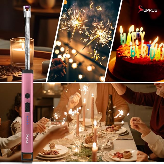 SUPRUS Rechargeable Candle Lighter Electric Arc Triple Safety Long Lighter Stainless Steel Shell & Hanging Hook (Pink)
