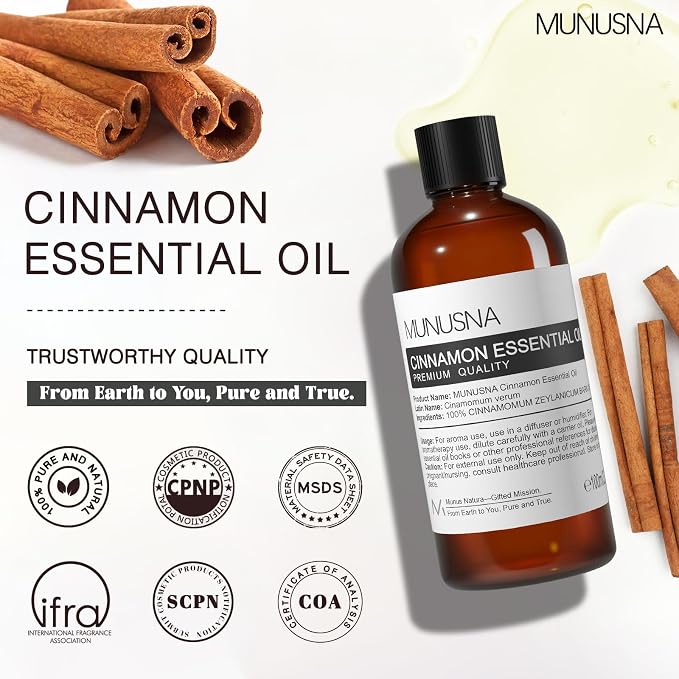Cinnamon Essential Oil 100ML, 100% Pure Natural Cinnamon Oil Premium Grade Aromatherapy Oil for Hair Face Skin Body Care, Diffuser, Massage, Home, Soap and Candle Making