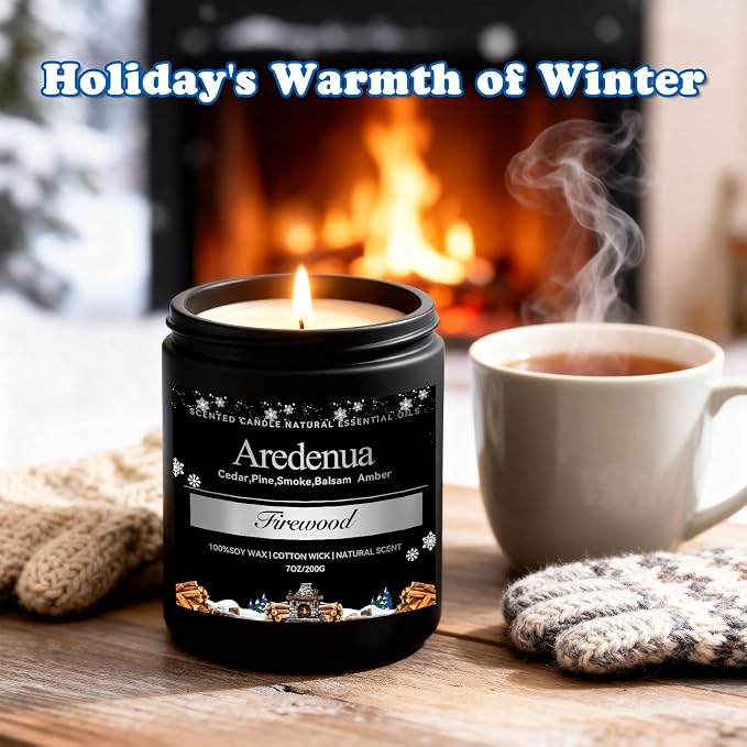 Firewood Candle – Winter Candles | Holiday Scented Candles, 7oz Jar Soy Candle for Home Scented - 50H Burn - Smoky Fireplace Cozy & Warm Scent, Christmas Holiday Décor Gifts for Women & Men