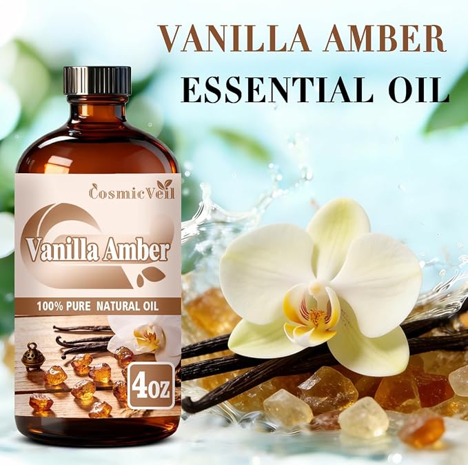 Vanilla Amber Essential Oil for Aroma Diffuser,Humidifier,Home Fragrance,Cleaning,Body Care,Massage,Yoga,DIY Candle,DIY Soap CosmicVeil（Vanilla Amber，4 Fl Oz (Pack of 1)）