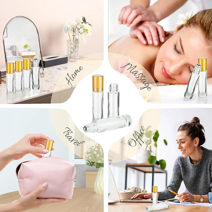 10ML Essential Oil Roller Bottles, 4 Pack Clear Gold Oil Roller Bottles for Essential Oils, Roll on Bottle with Stainless Steel Balls(4 Labels, Opener, Funnel, Dropper Included)