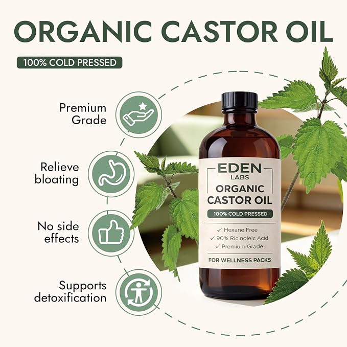 Eden Labs Castor Oil Pack, Organic Cold Pressed Castor Oil Detox Kit with Reusable Leak-Proof Wrap & Adjustable Straps, Supports Relaxation & Digestive Comfort, Easy to Use & Adjustable (1pcs)