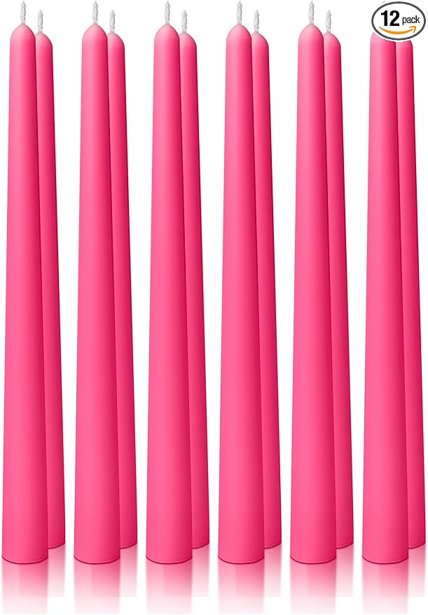 12pk 10" Classic Taper Candles, Hot Pink, 7-8 Hours Long Burning, Unscented Tall Candlesticks