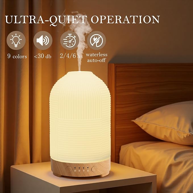 Essential Oil Diffuser 200ml Ceramic Aromatherapy Difusor with 9 Color,Auto Shut-Off Protection&Time Setting,Ultrasonic Oil Diffusers for Home,Bedroom,Office