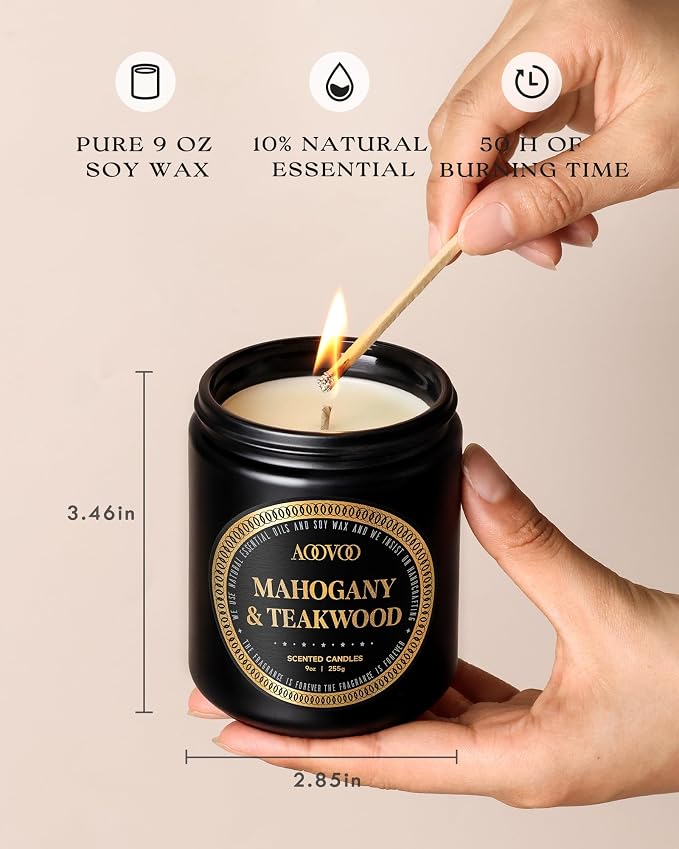 AOOVOO Scented Candles Set for Men - 2 Pack Mahogany & Teakwood Candles for Home Scented | Soy Candles | Strong Fragranced Masculine Black Candle Gift for Women & Men, 18oz
