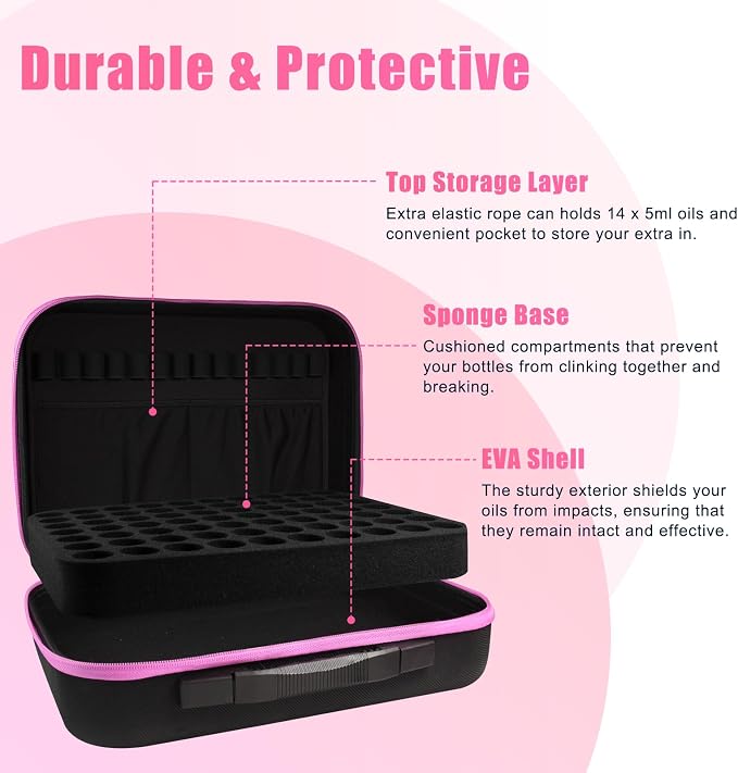 70 Bottle EVA Essential Oil Storage Carrying Case | Portable Essential Oils Holder Organizer Travel Bag Holds 5ml 10ml 15ml for Young Living & Doterra Bottles & Roller Bottles
