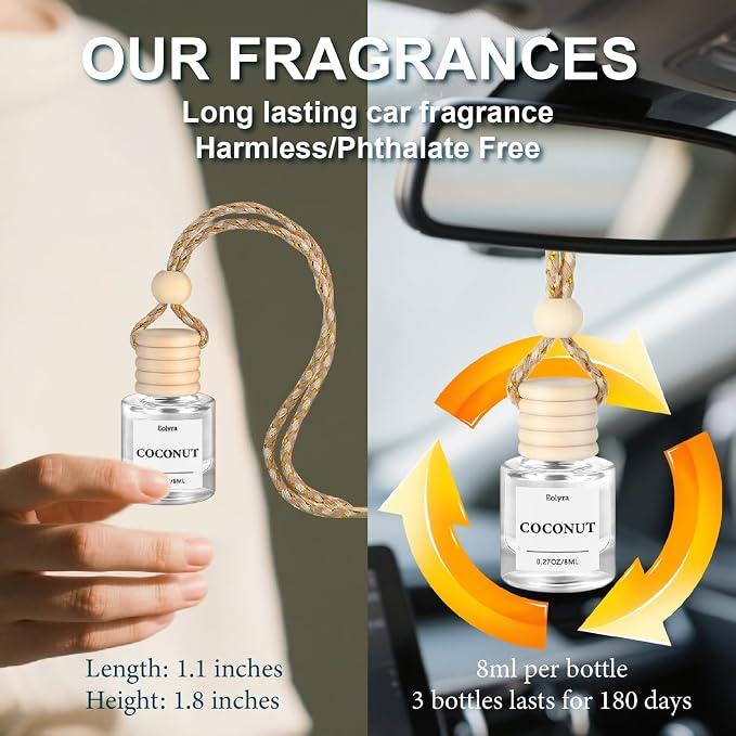 Hanging Car Air Freshener (Pack of 3) : Luxury Car Perfume for Women Men | Cute & Wooden Lid Reusable Bottle with 45+ Days Long-Lasting Scent for Auto Interio, Coconut