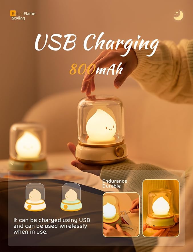 WANIDEA Cute Chibi Flame Lamp, Anime Cozy Lights, Retro Rechargeable Night Light, Decor, Cute Desk Accessories, Gifts 2 Pack (Yellow and Green)