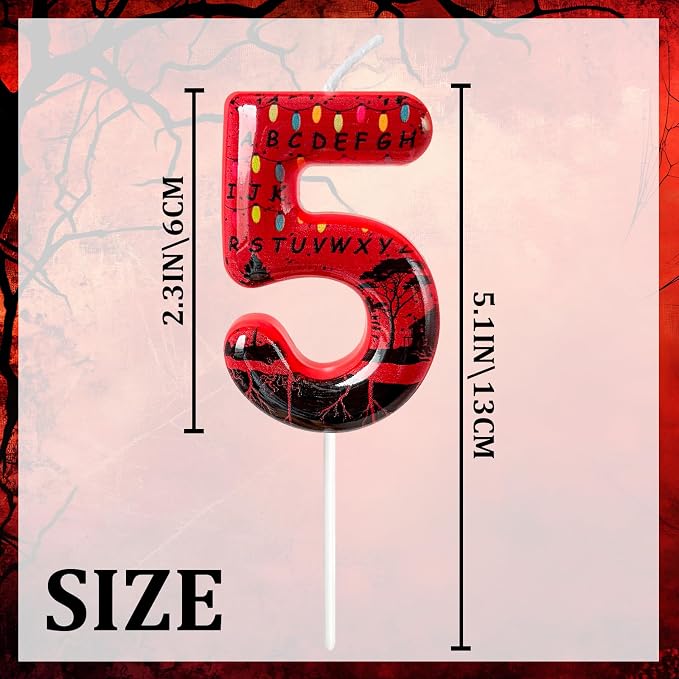 Red Number 5 Birthday Candle for Cake – Dark Horror Style with Alphabet Print & Shadow Design – Unique Cake Topper for Birthday, Anniversary, Themed Party Decoration