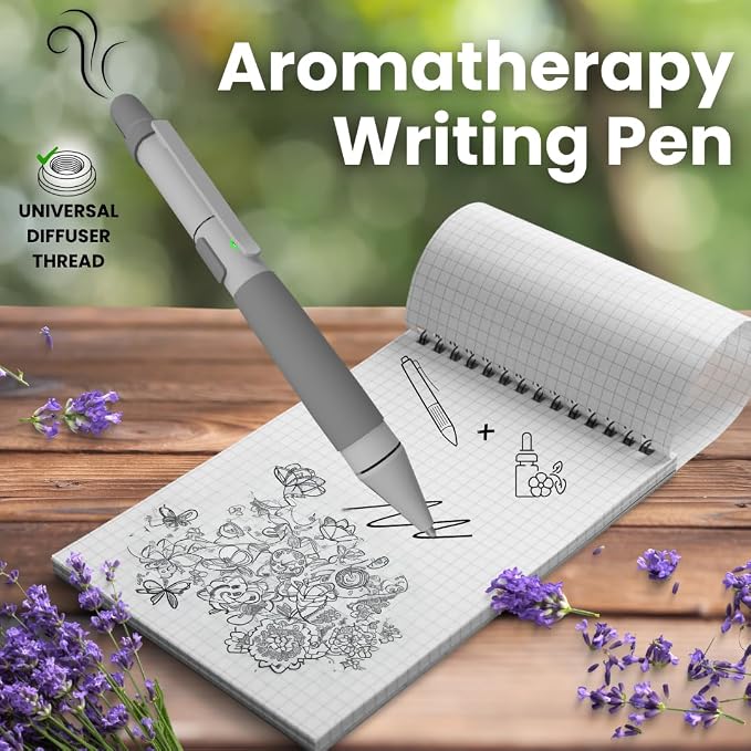 Aromatherapy Writing Pen Battery with Real Ink Tip and Hidden Diffuser Port, Soft Touch Ballpoint for Note Taking, Signature, and On-The-Go Relaxation, Rechargeable Wellness Gift for Office (Silver)