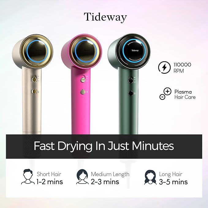 Tideway Hair Dryer Professional High-Speed Ionic Blow Dryer 110,000 RPM, Compact Hair Dryer with Magnetic Diffuser, Fast Drying with Brushless Motor Low Noise Smart Temperature Control-H11