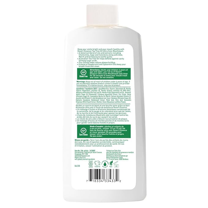 Desert Essence Natural Tea Tree Oil Ultra Care Mouthwash - Mega Mint - 16 Fl Oz - Freshens Breath - Defends Against Sugar Acids - Vitamin C - Soothes Gums - Whitening Floss - Removes Food Debris