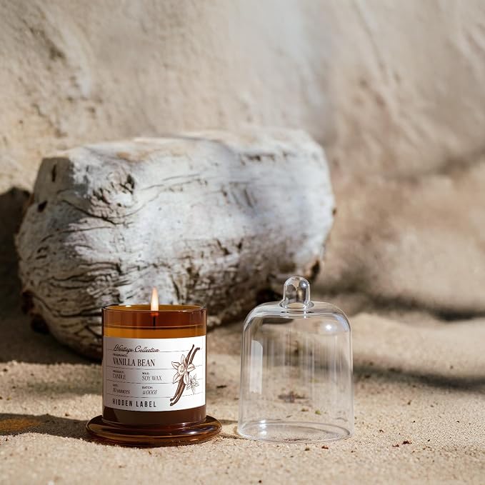 Hidden Label Vanilla Bean Scented Candle - 10oz Non Toxic Candles for Home Scented with Clear Bell Jar, Natural Soy Wax Clean Burning Aromatherapy Candle for Spa/Yoga/Meditation & Stress Relief Gifts
