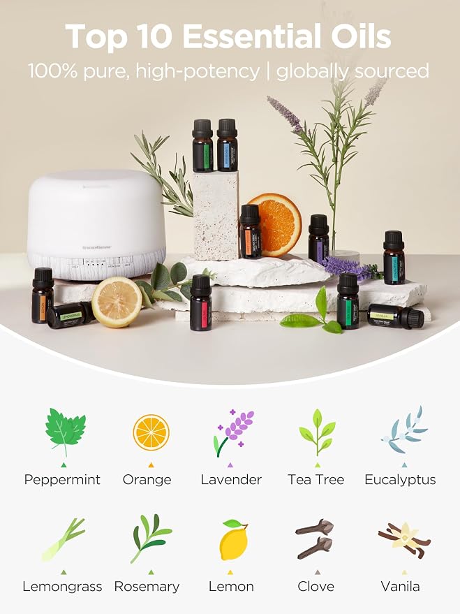 InnoGear Aromatherapy Diffuser & 10 Essential Oils Set, 500ml Essential Oil Diffuser with Remote Control Mother's Gift Ultrasonic Cool Mist Scent Humidifier Vaporizer Auto-Off Timer for Home, White