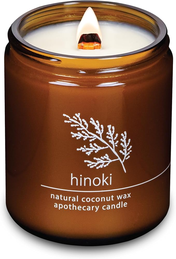 Hemlock Park Hinoki Apothecary Scented Candle | Crackling Wood Wick, Botanical Fragrance & Coconut Apricot Wax | Up to 60 Hour Burn Time | 8 oz | Made in USA