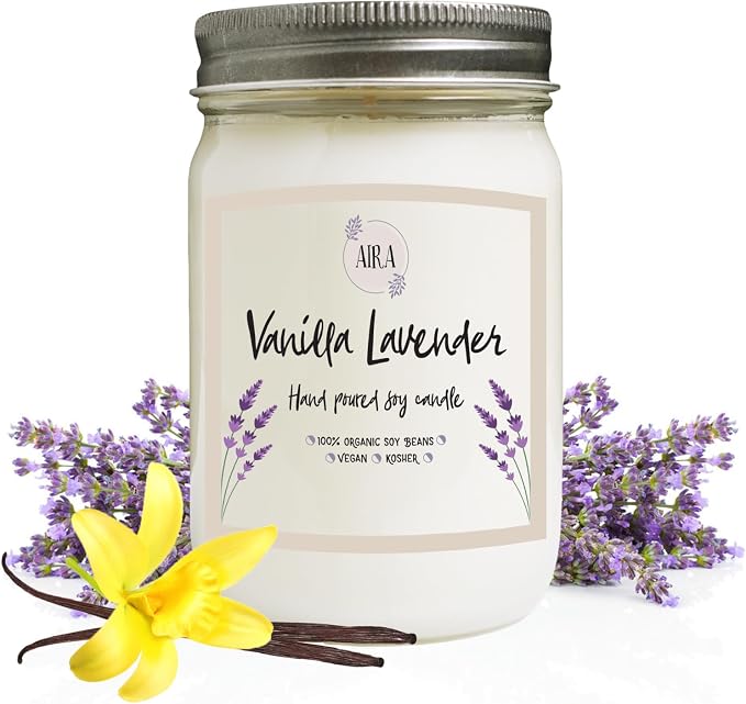 Aira Soy Candle – Vanilla Lavender – 12 oz Mason Jar – Hand-Poured USA – Long-Lasting Vegan Soy Wax Candle w/Essential Oils – Relaxing Aromatherapy – Paraffin-Free, Kosher, Cruelty-Free