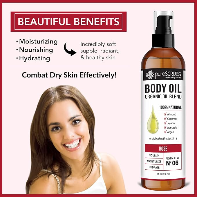 pureSCRUBS Ultra Moisturizing Rose Body Oil for Dry Skin, Lightweight Full Body Moisturizer for Soft, Silky Skin, Massage & Cuticle Oil, Vitamin E Enriched, 4 oz