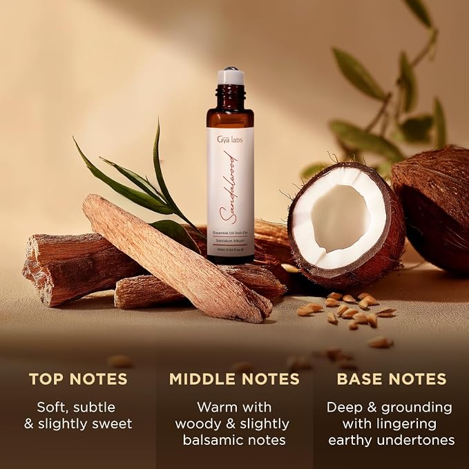 Gya Labs Sandalwood Essential Oil Roll On - 0.34 Fl Oz - Travel Size Roller for Camping, Skin, Aromatherapy Relief, Convenience