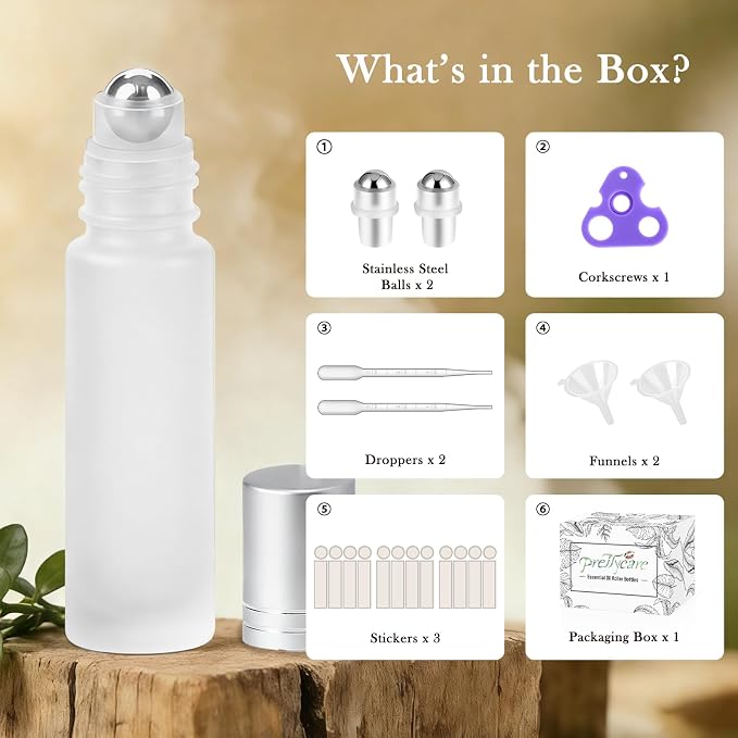 PrettyCare 12 Pack, 10 ml Essential Oil Roller Bottles with Stainless Steel Roller Ball - Refillable Leak-proof Empty Thick Frosted Glass Roll on Bottles with Silver Caps for Travel, Perfume