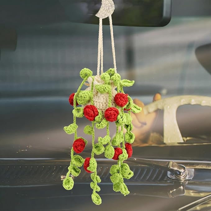 Cute Air Freshener for Car, Crochet Car Accessories Air Freshener, Cute Rear View Mirror Accessories, Handmade Crochet Plant for Cars, Red Rose