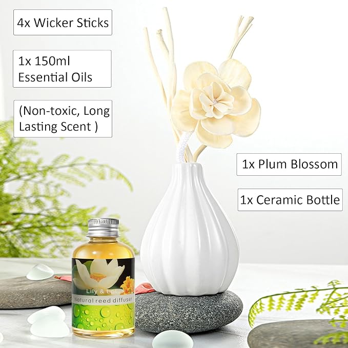 Dried Flower Reed Diffuser Set, Natural Sticks, Elegant Ceramic Bottle, Aromatherapy Oil Set, Home Fragrance & Decorative Diffuser (LilyLotus)