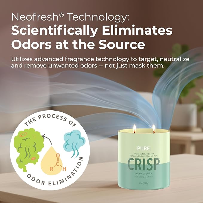 Candle-Lite Pure Sage & Tangerine Odor Eliminating Scented Candles, Neofresh Technology Eliminates 99.9% of Odors, 16 oz 2-Wick Jar, Proudly Poured in The USA, Up to 60 Hours Burn Time