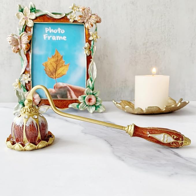 Brown & White Floral Candle Snuffer, Hand-Painted Metal Candle Extinguisher with Non-Slip Handle, Elegant Decorative Candle Tool for Hanukkah, Christmas, Birthdays