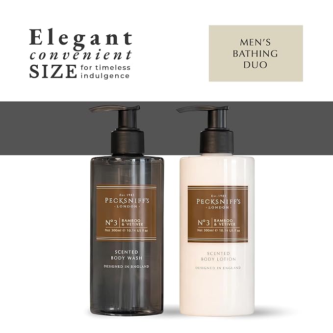 Pecksniffs Mens Bathing Duo Collection – Bamboo & Vetiver Scented Body Wash and Body Lotion Gift Set, 2 x 250ml
