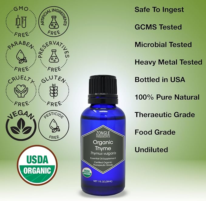 Organic, Thyme Essential Oil, Food Grade – 100% Pure, Thyme Oil, by Zongle Therapeutics, 1 OZ