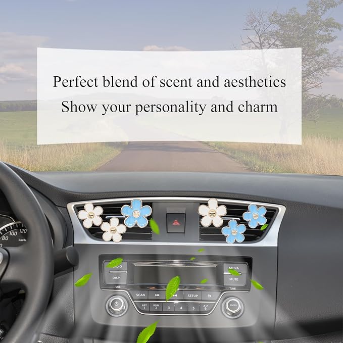 ORIESSE 6pcs Flowers Car Air Freshener Vent Clips Blue White Daisy Flowers Air Vent Clip Car Accessories for Women 3.3cm/3cm Refillable Daisy Decor Diffuser