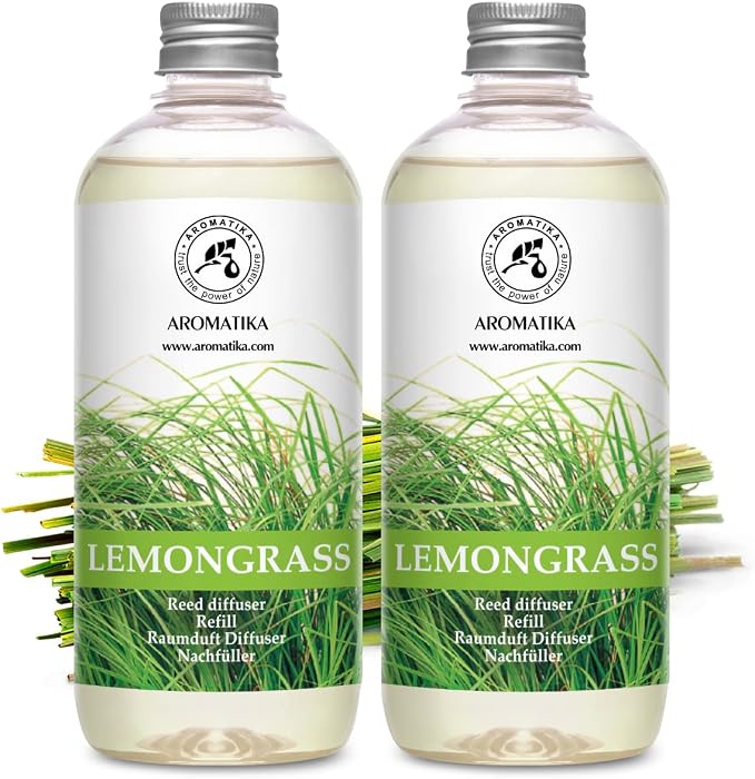 Lemongrass Diffuser Refill 34 Fl Oz (2x17 Fl Oz) - Fresh & Long Lasting Fragrance - Refill with Natural Essential Lemongrass Oil - for Aromatherapy - Spa - Home