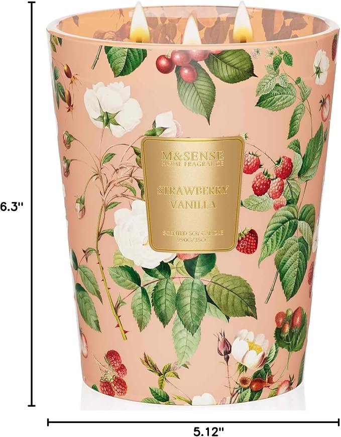 M&SENSE Strawberry Vanilla Soy Large Candles, 3-Wick 35oz 150H Long Lasting, Sweet Fruity Romantic Scent, Gift for Women