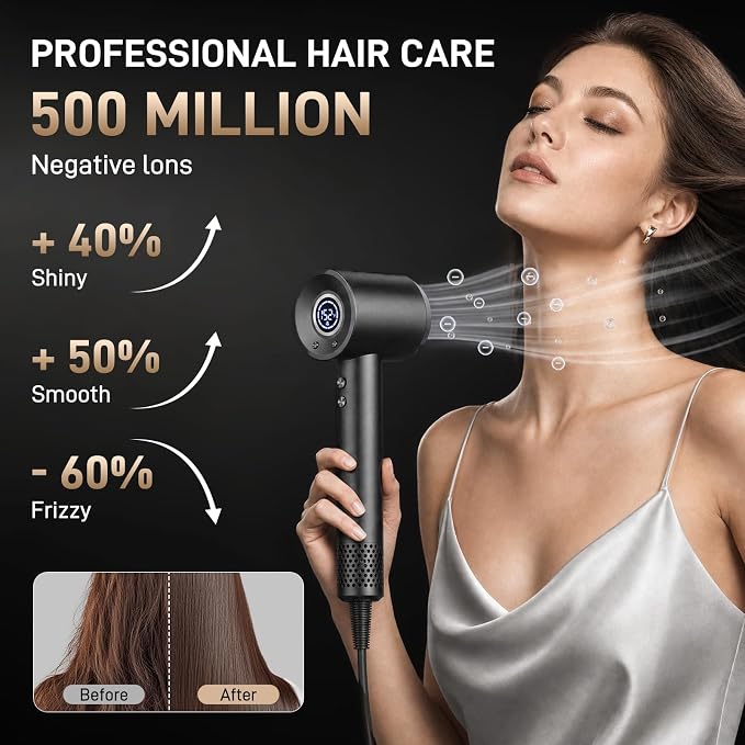 Hair Dryer, 180,000 RPM High-Speed Ionic Blow Dryer with Brushless Motor, 500 Million Negative Ions, LED Display, Low-Noise Professional Hairdryer for Fast Drying, Magnetic Diffuser for Home & Travel