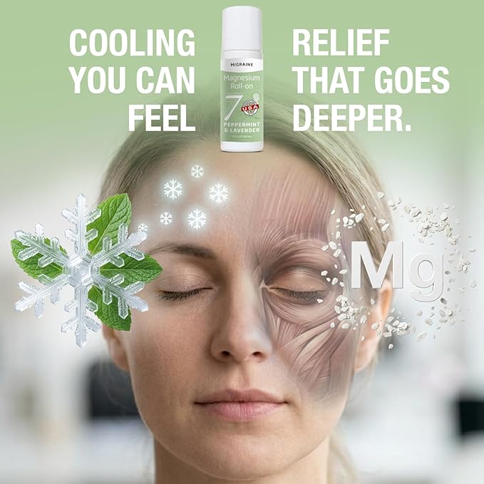 Seven Minerals Migraine Roll On Stick with Magnesium, Peppermint & Lavender - Natural Tension Headache Relief with Real Magnesium, Not Just Oils, USA Made, 3 Fl Oz