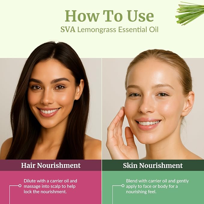 SVA Lemongrass Essential Oil Organic – 16 Fl Oz – 100% Natural Organic Lemongrass Oil for Hair, Face, Skin Care, Diffuser, Aromatherapy, Scalp, Body Massage, Soap and Candle Making