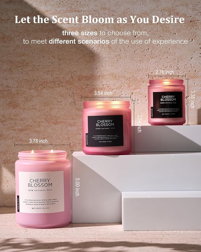 M&SENSE Large Cherry Blossom Scented Candle, 19.4oz Natural Soy Wax, 110-Hour Long Lasting, Non-Toxic Clean Burn, Spring Floral Scent for Relaxation, Home Fragrance Stress Relief Gift for Her