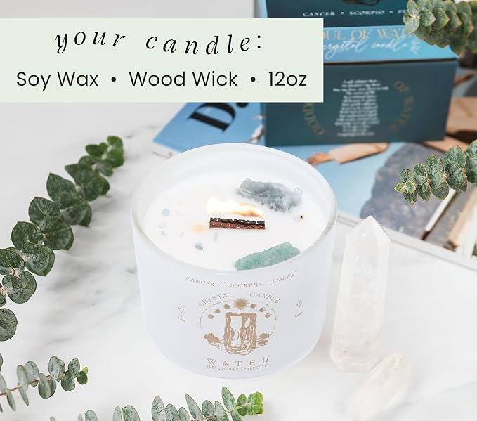Pisces, Cancer, Scorpio Gifts for Women - 12oz Wood Wick Candles that Crackle with Crystals and Healing Stones. Healing Crystal Candles for Women Home Scented. Soy Wax, for Zodiac Birthdate