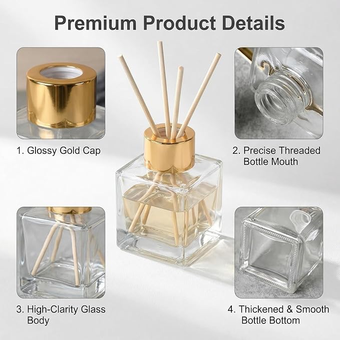 2PCS 50ml/1.7oz Empty Clear Glass Diffuser Jars with Gold Cap Small Square-Shaped Essential Oil Container Fragrance Accessories Use for DIY Replacement Set