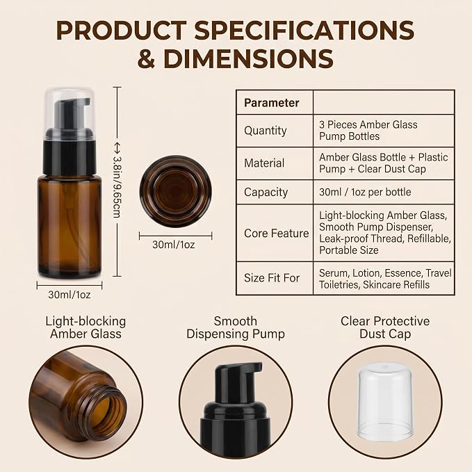 3 Pcs 30ml 1oz Amber Glass Travel Bottles Leakproof Cosmetic Cream Pump Bottle Dispenser Lotions Bottles Travel Containers Lotion Dispenser for Creams Foundation Shampoo Essential Oils