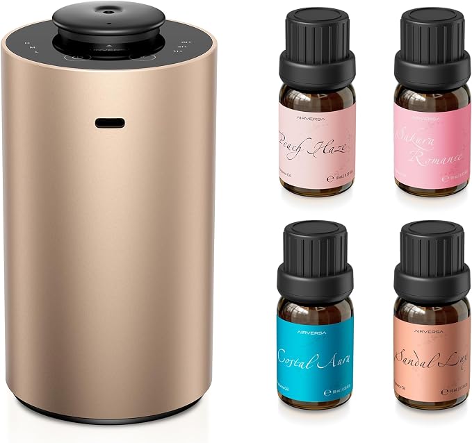 Airversa Waterless Essential Oil Diffuser Starter Kit with 4 x 10mL Fragrance Scent Oil, Battery Operated Mini Scent Air Machine Portable Diffuser for Home Car Office, ANX Titanium Kit-C
