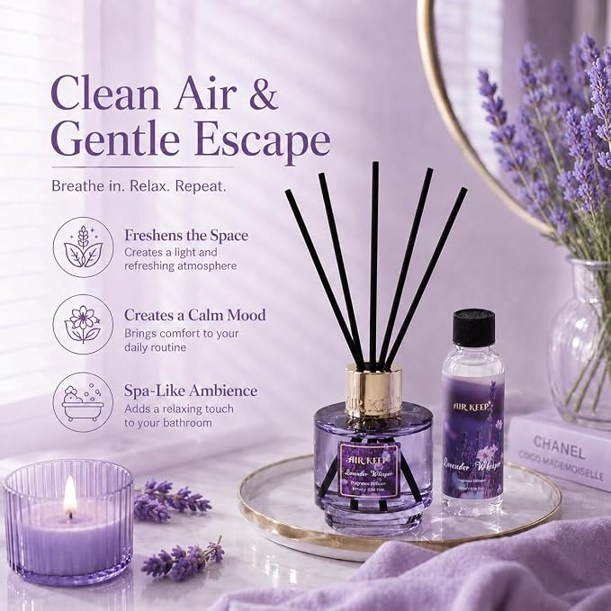 Airkeep Reed Diffuser Set with Refill & 8 Reed Sticks, 6.96 fl oz Lavender Whisper Home Fragrance, Long Lasting Aromatherapy Diffuser for Bedroom, Bathroom & Living Room