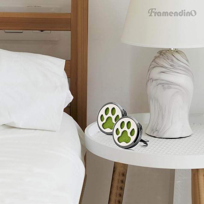Framendino, 1 Pack Dog Paw Print Essential Car Oil Diffuser with 10 Felt Refill Pads Aromatherapy AIR Freshener Vent Clip Lockets for Men Women Gifts Black
